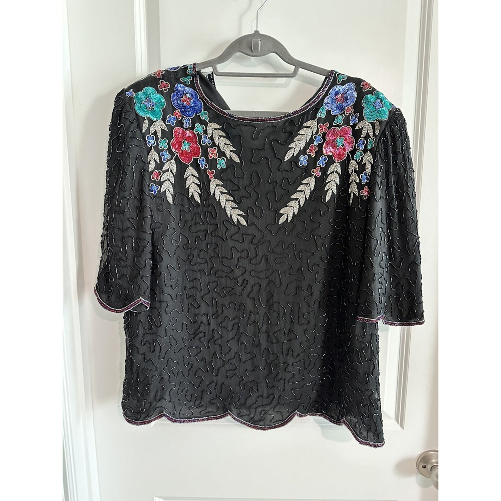 Scala 100% Silk Sequin Boxy Top Size‎ S Black Scalloped Hem Embellished Festive